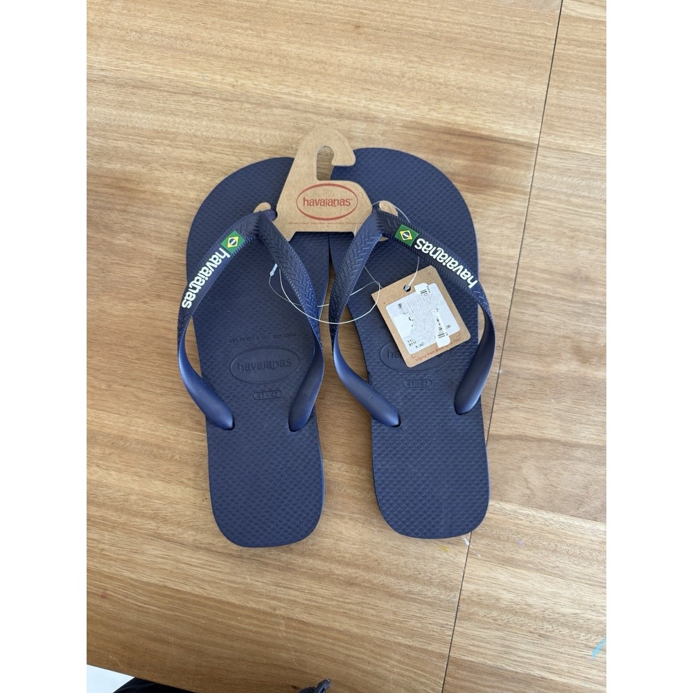 Havaianas Brazil Logo Flip Flops Men's Size 11/12 41-42 Navy Blue  Sandals NWT
